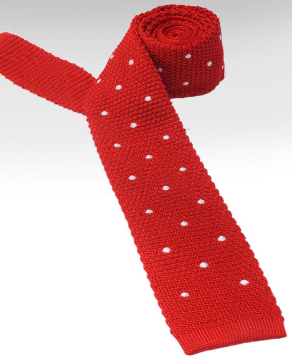 Polka Dot Silk Knitted Tie in Rosso Red with White Hand Sewn Dots - Image 2