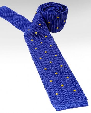 Polka Dot Silk Knitted Tie in Blue with Yellow Hand Sewn Dots