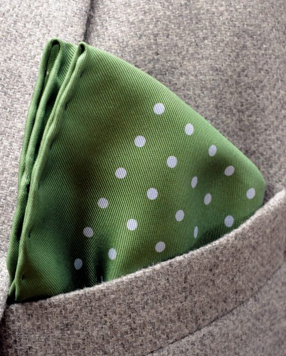 Jack - Polka Dot Silk Pocket Square in Green with Blue Spots