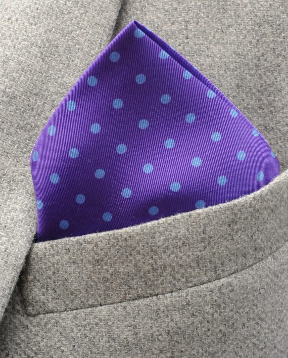 Jack - Polka Dot Silk Pocket Square in Purple with Blue Spots - Image 2