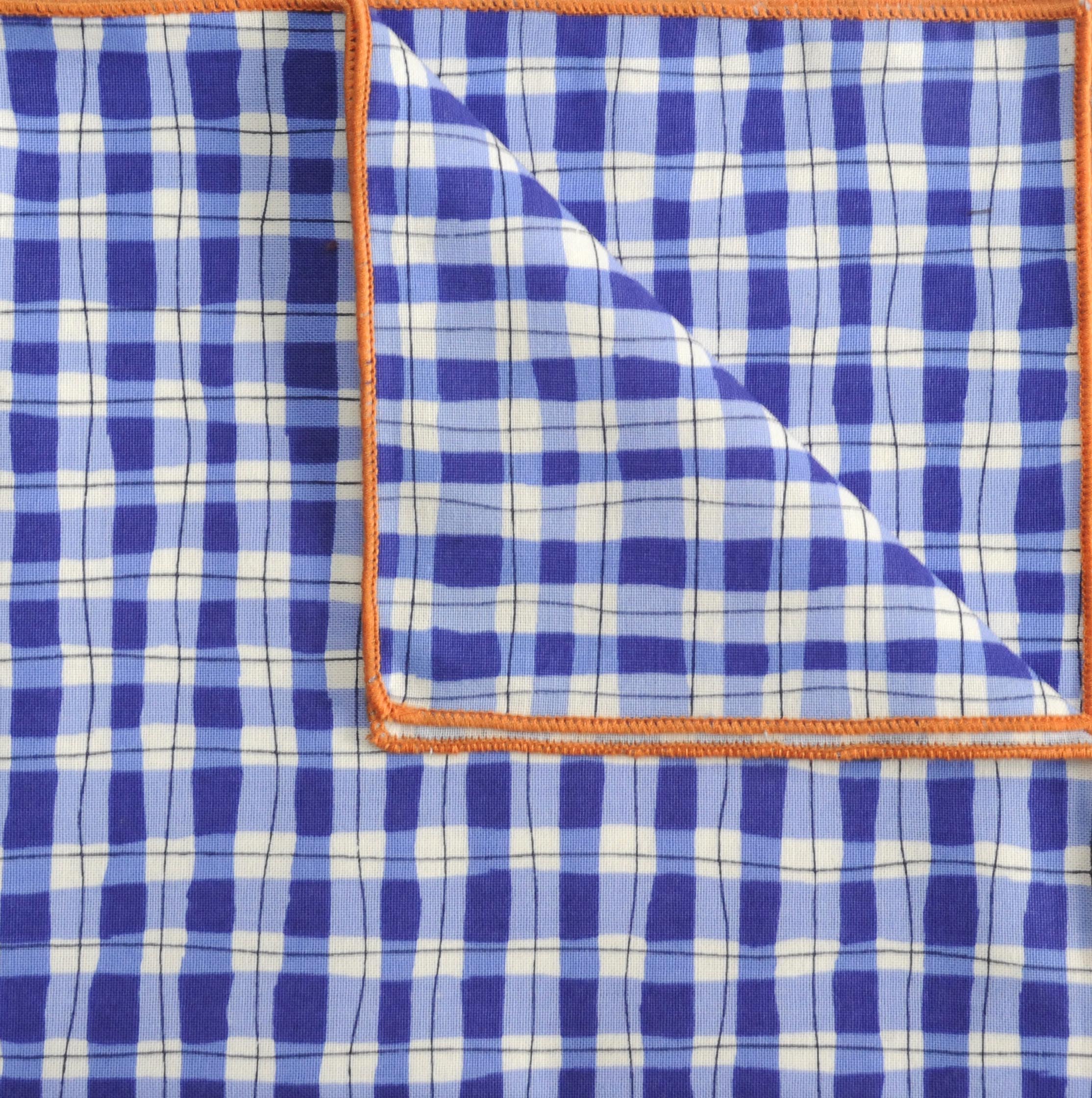 Mac - Check Print Cotton Handkerchief in Blue and White with Orange