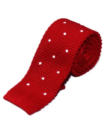Polka Dot Silk Knitted Tie in Rosso Red with White Hand Sewn Dots