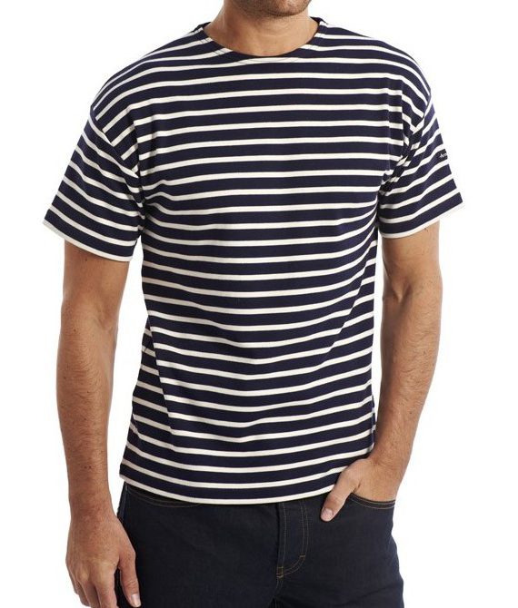 Armor Lux Short Sleeve Boat Neck Breton Shirt in Navy & Ecru Stripes - Image 2