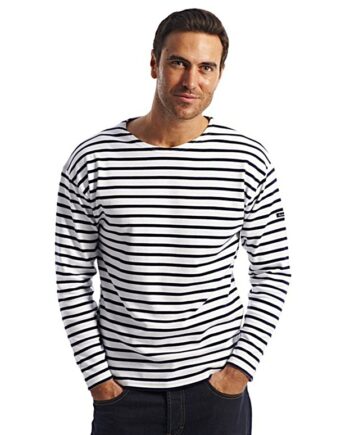 A Long Sleeve Cotton Breton Stripe Shirt in White & Navy