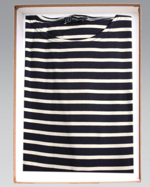 Armor Lux Short Sleeve Boat Neck Breton Shirt in Navy & Ecru Stripes