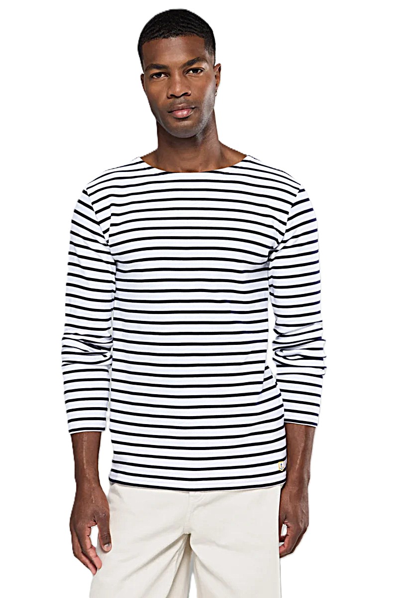 A Long Sleeve Cotton Breton Stripe Shirt in White & Navy - Image 2