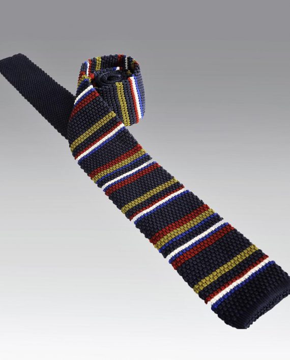 Striped Silk Knitted Tie in Navy - Image 2