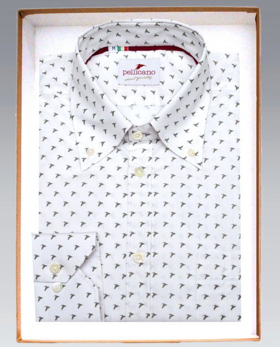 Men's White Button Down Shirt with Grey Pelican Print