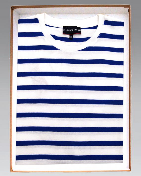 Armor Lux Short Sleeve Breton Stripe Shirt in White & Blue