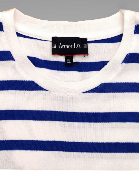 Armor Lux Short Sleeve Breton Stripe Shirt in White & Blue - Image 2