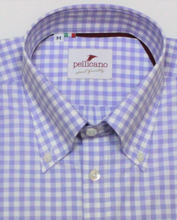 Men's Gingham Cotton Poplin Shirt in Lilac & White - Image 3