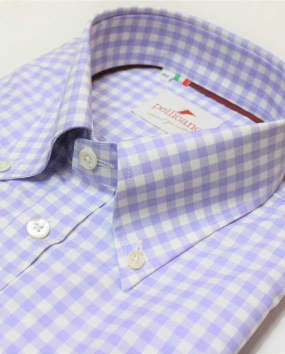 Men's Gingham Cotton Poplin Shirt in Lilac & White - Image 2