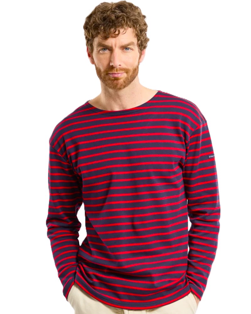 A Long Sleeve Breton Stripe Shirt in Red & Navy
