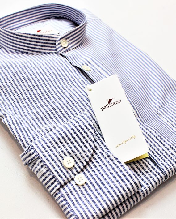 Men's Grandad Collar Stripe Oxford Shirt in Blue & White - Image 2