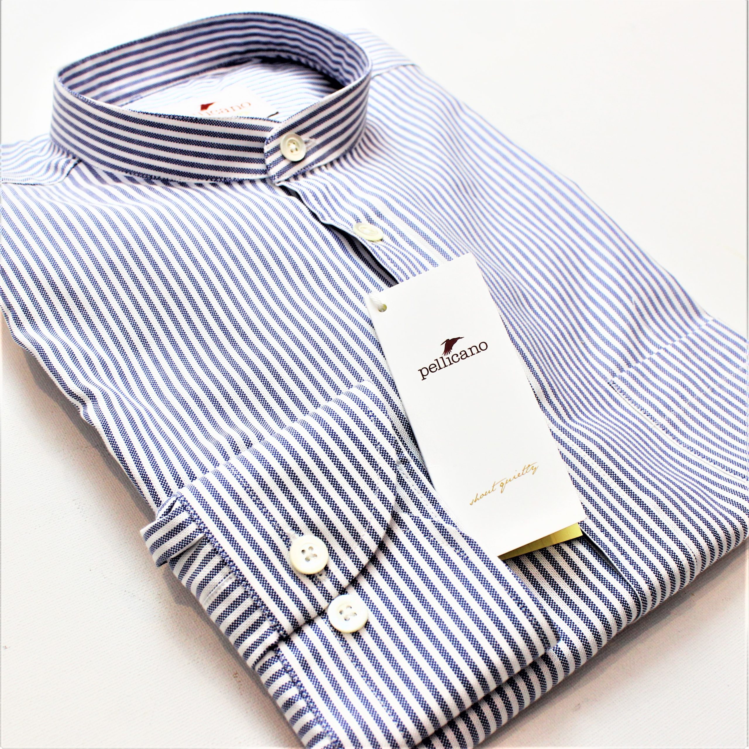 Men's Grandad Collar Stripe Oxford Shirt in Blue & White - Pellicano ...