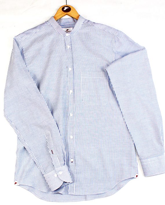 Men's Grandad Collar Stripe Oxford Shirt in Blue & White - Image 4