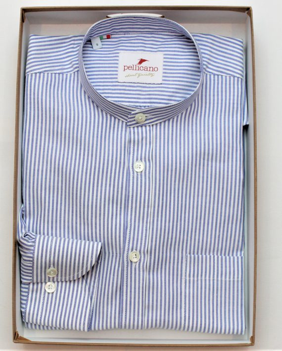 Men's Grandad Collar Stripe Oxford Shirt in Blue & White