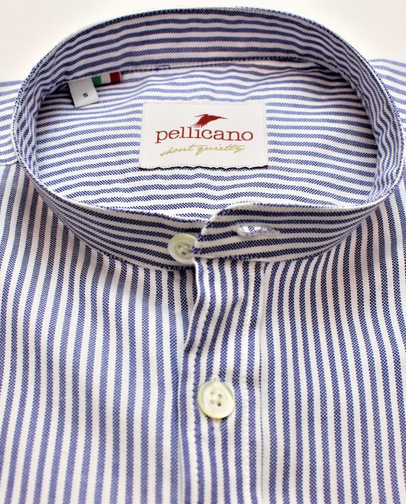 Men's Grandad Collar Stripe Oxford Shirt in Blue & White - Image 6