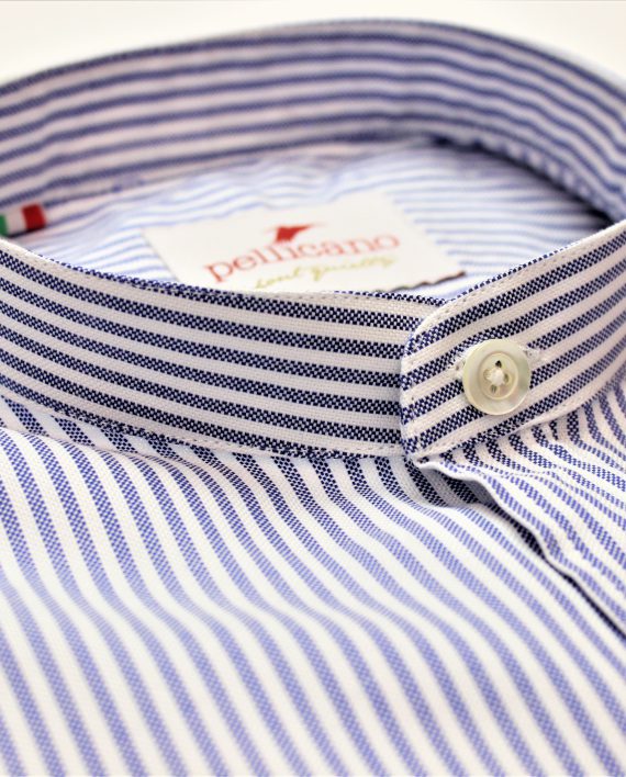 Men's Grandad Collar Stripe Oxford Shirt in Blue & White - Image 3