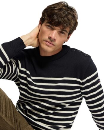 A Wool Mix Breton Stripe Sweater in Navy & White