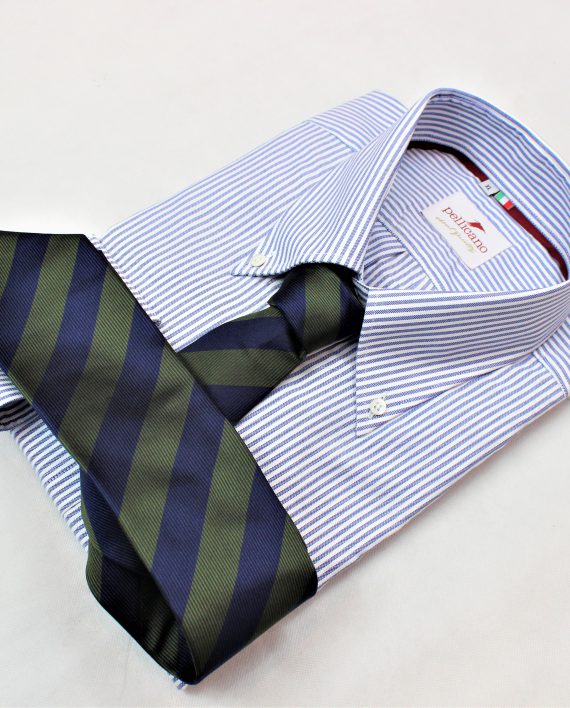 Silk Woven Stripe Repp Tie in Navy & Green - Image 3