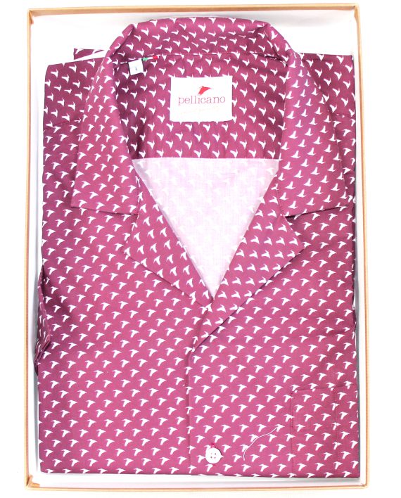 Cuban Collar Short Sleeve Shirt in Burgundy with White Pelicans - Image 5