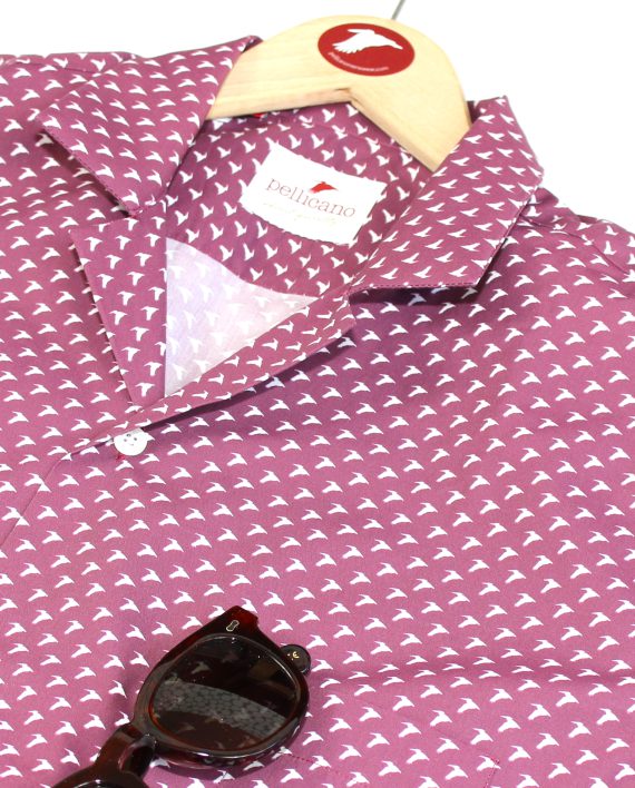Cuban Collar Short Sleeve Shirt in Burgundy with White Pelicans - Image 2