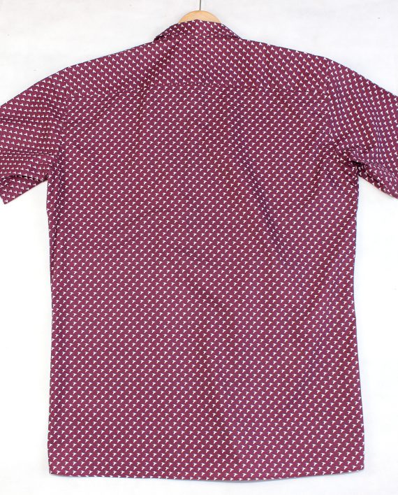 Cuban Collar Short Sleeve Shirt in Burgundy with White Pelicans - Image 4