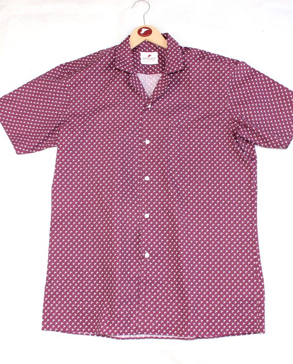 Cuban Collar Short Sleeve Shirt in Burgundy with White Pelicans - Image 3