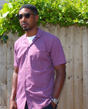 A Cuban Collar Short Sleeve Shirt in Burgundy with White Pelicans