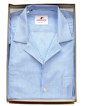 A Cuban Collar Seer Sucker Shirt in Blue & White Stripes
