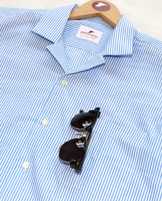 Cuban Collar Seersucker Shirt in Blue & White Stripes - Image 3