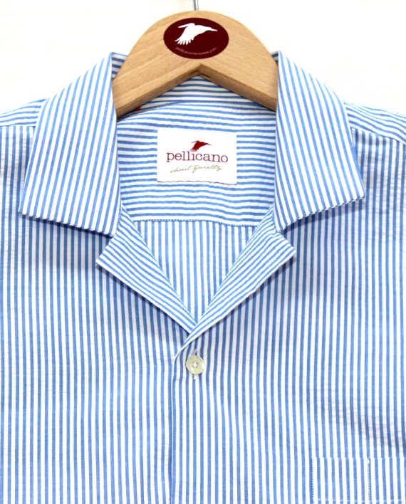 Cuban Collar Seer Sucker Shirt in Blue & White Stripes - Pellicano Menswear