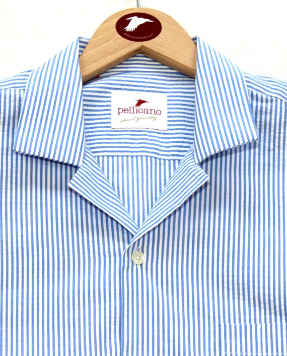 Cuban Collar Seersucker Shirt in Blue & White Stripes - Image 5