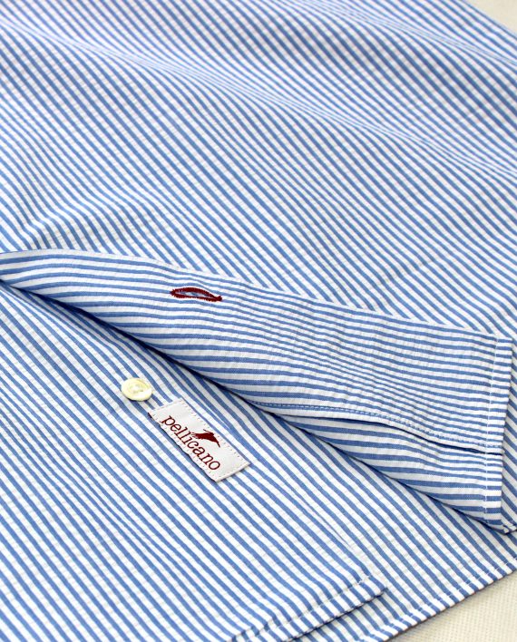 Cuban Collar Seersucker Shirt in Blue & White Stripes - Image 4