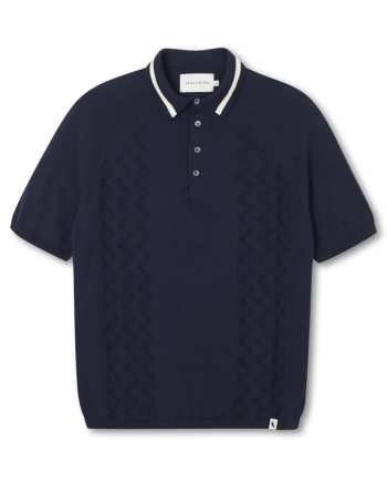 Short Sleeve Textured Merino Wool Polo Shirt in Navy