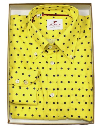 A Men's Polka Dot Print Button Down Shirt in Lemon Drop & Navy