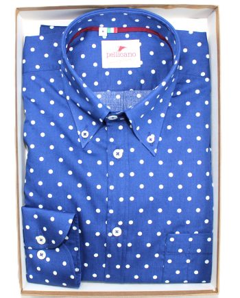 A Men's Polka Dot Print Button Down Shirt in Blue & White