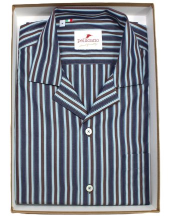 A Cuban Collar Short Sleeve Shirt in Blue & Brown Stripes