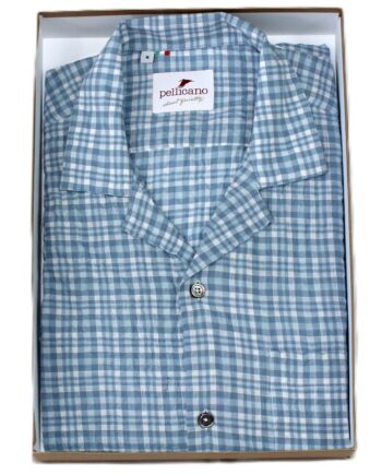 A Cuban Collar  Shirt in Blue & White Check Cotton Seersucker