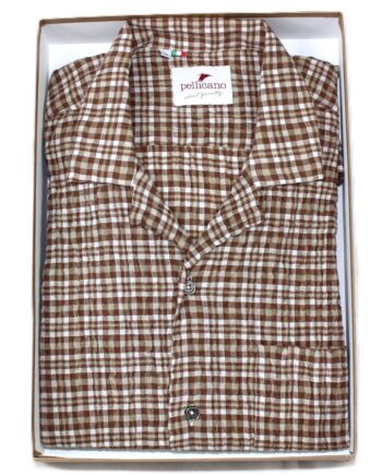 A Cuban Collar  Shirt in Brown & White Check Cotton Seersucker