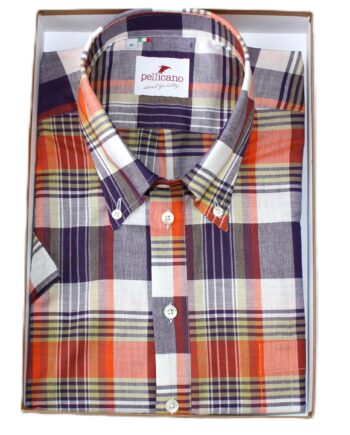 A Men's Madras Check Short Sleeve Popover Shirt in Orange & Blue