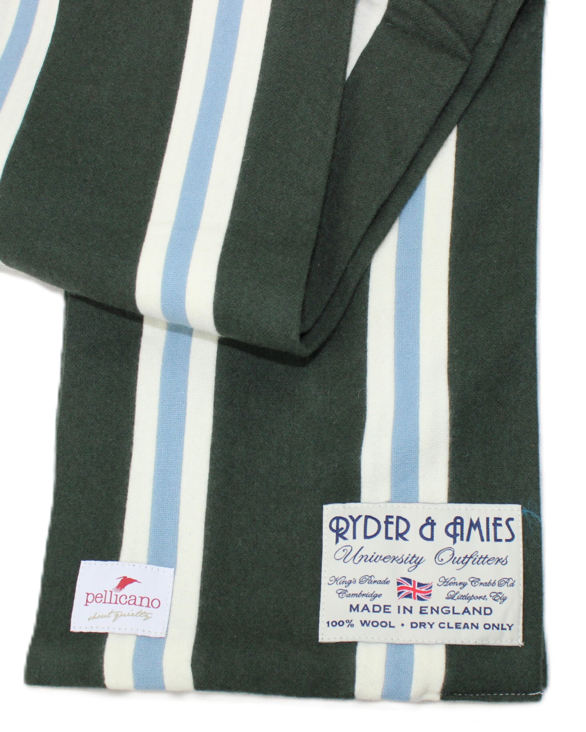 College Scarf in Khaki Green & Sky Blue Saxony Wool - Image 2