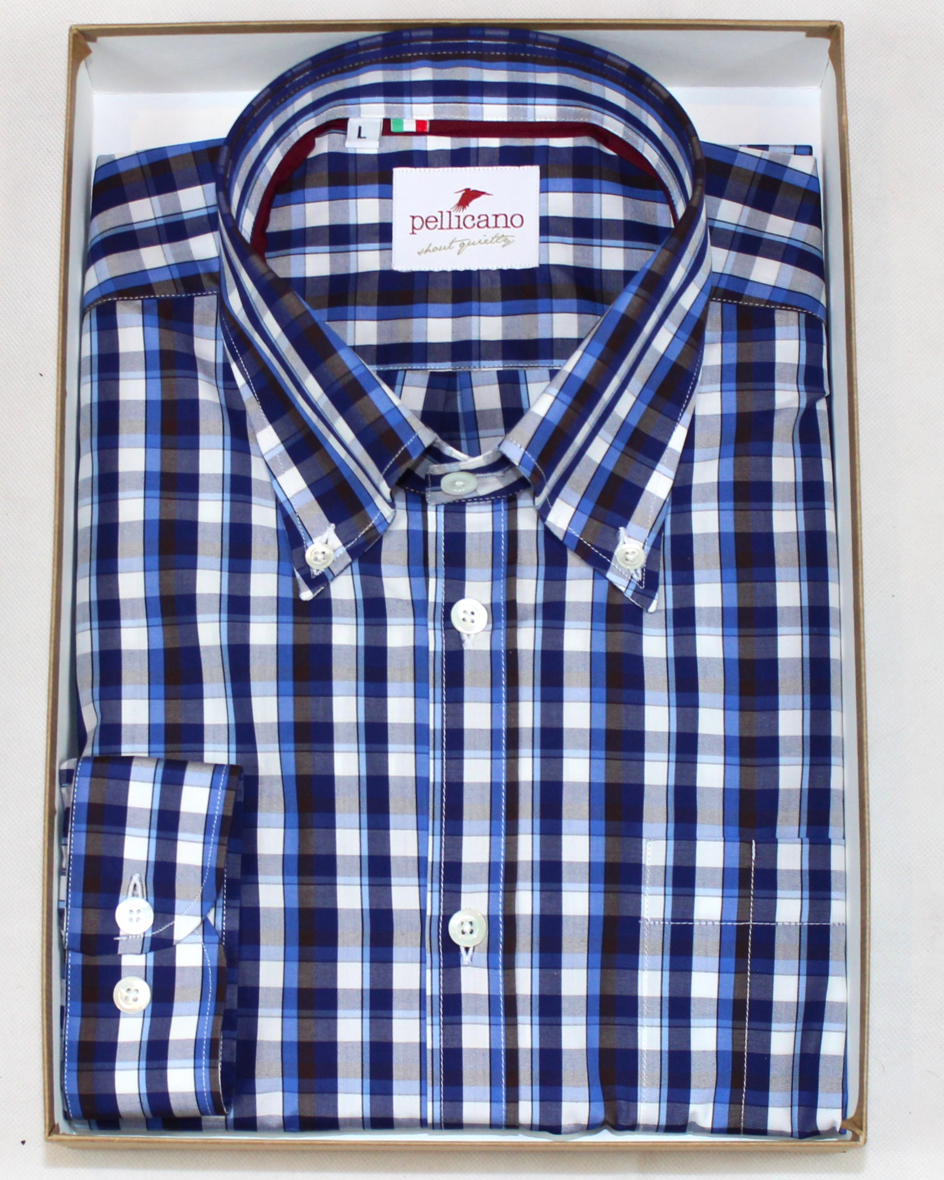 A Cotton Poplin Check Button-Down Shirt in Blue/ Burgundy / White