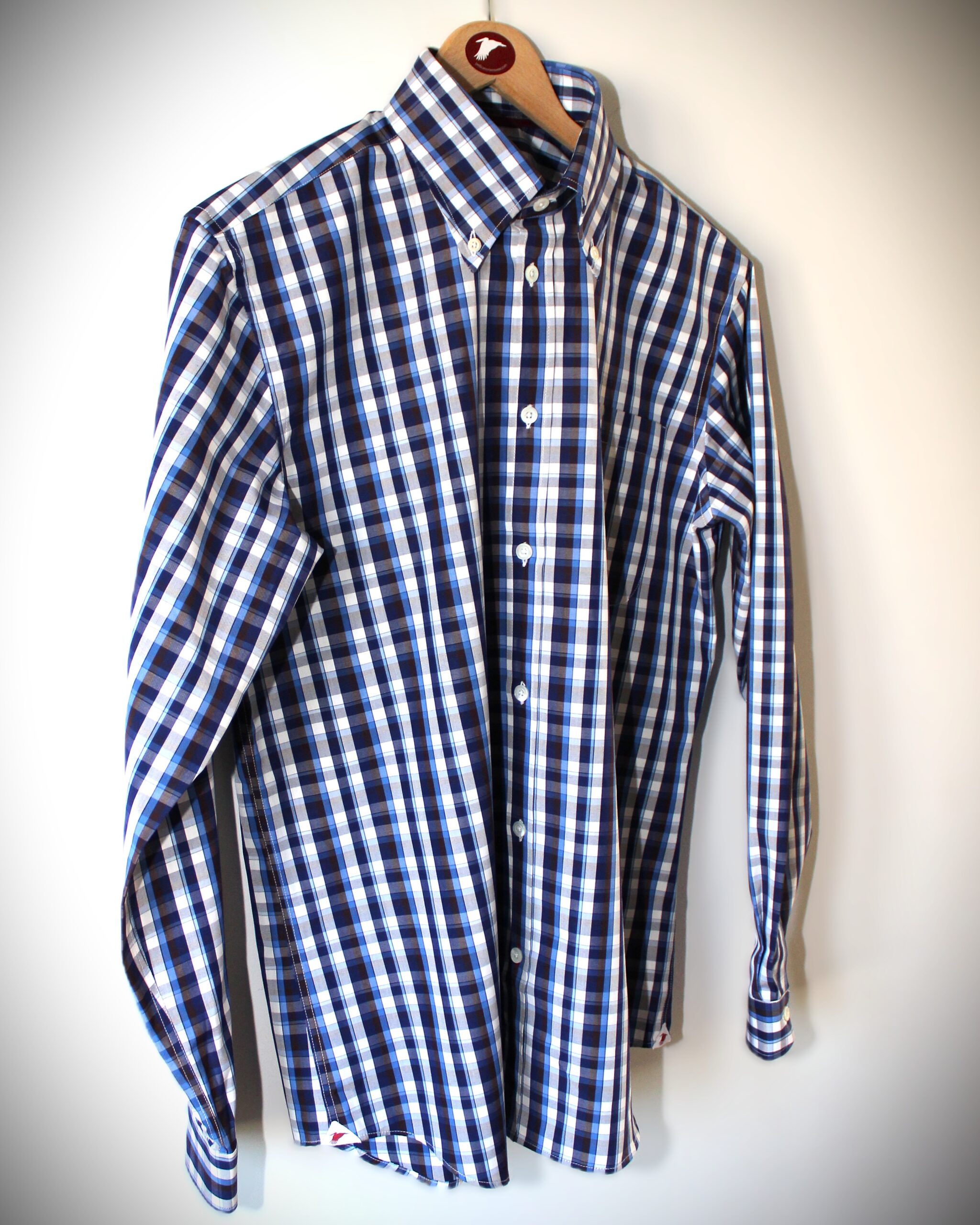 A Cotton Poplin Check Button-Down Shirt in Blue/ Burgundy / White - Image 6