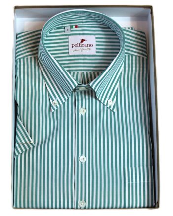 A Cotton Short Sleeve Popover Shirt with a Green & White Stripe