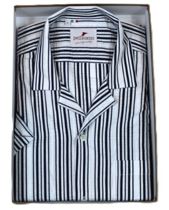 A Cuban Collar Shirt In White Seersucker With Blue Stripes