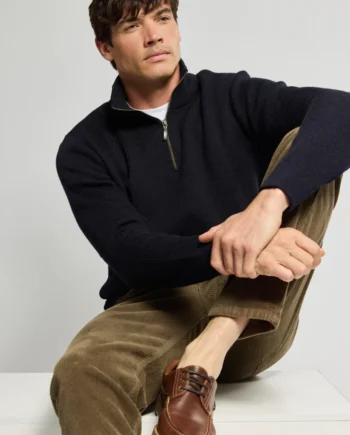 A Half Zip Jumper in Plain Ribbed Navy Wool